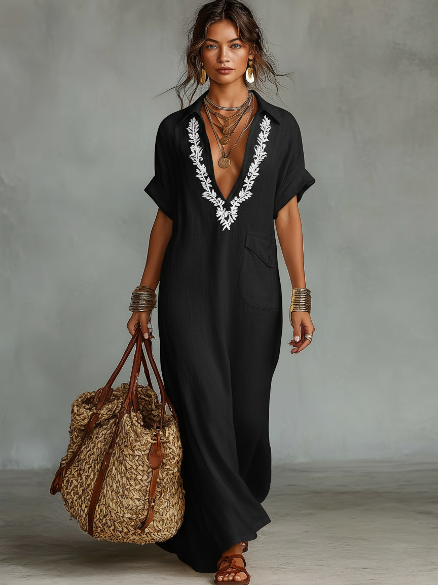 Minimalistisches Maxikleid aus Leinengemisch mit Stickerei