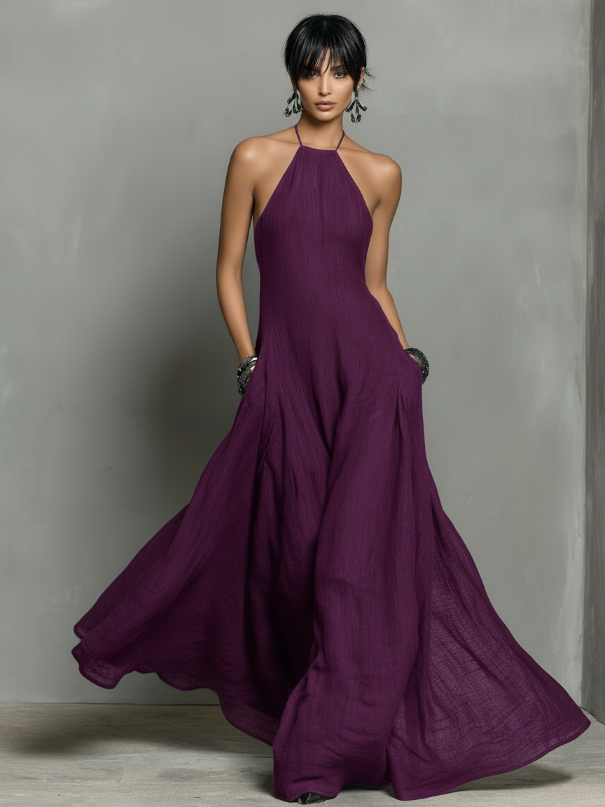 Minimalistisches Maxikleid aus Leinengemisch mit Neckholder