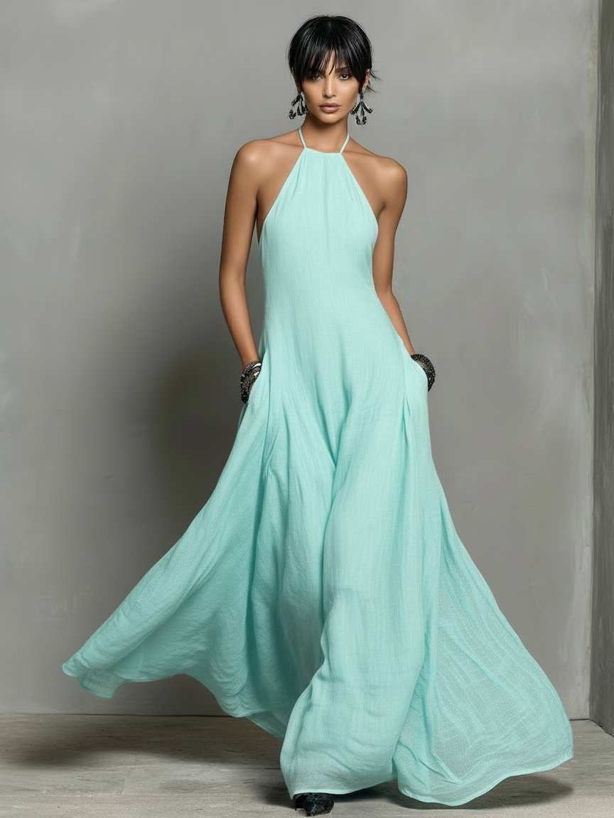 Minimalistisches Maxikleid aus Leinengemisch mit Neckholder