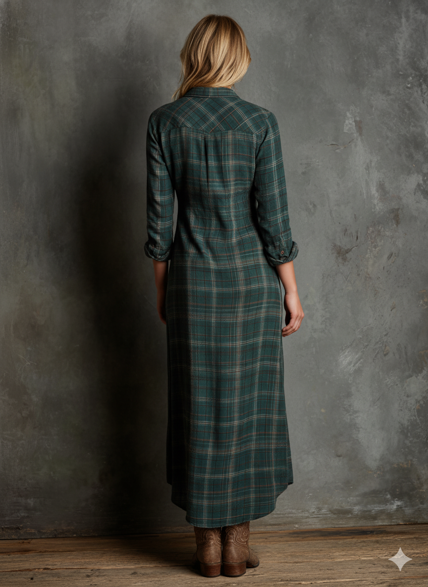 Damen Kariertes Revers Einreihiges Hemd Maxikleid