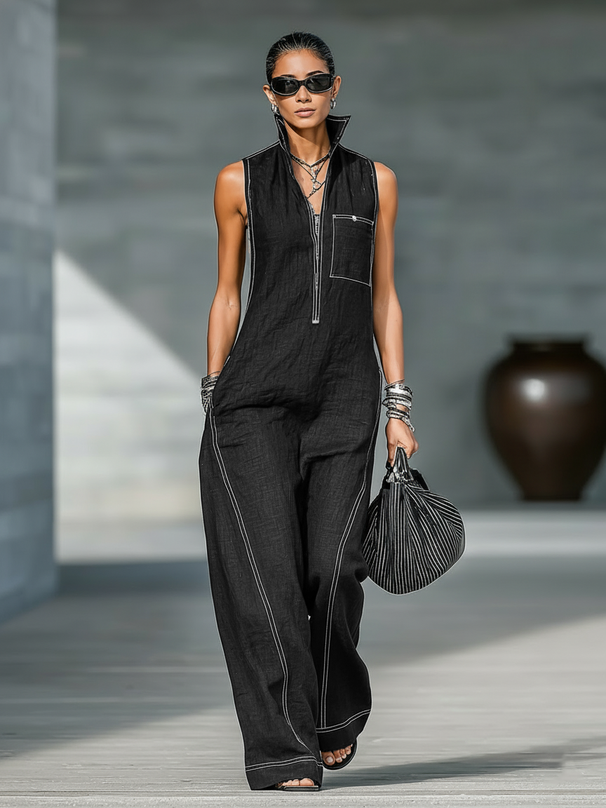 Minimalistischer, locker sitzender, ärmelloser Jumpsuit mit weißem Saum