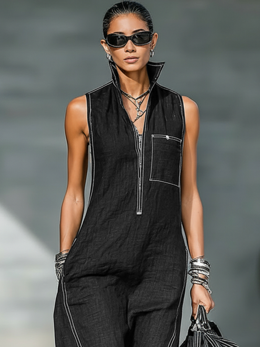 Minimalistischer, locker sitzender, ärmelloser Jumpsuit mit weißem Saum
