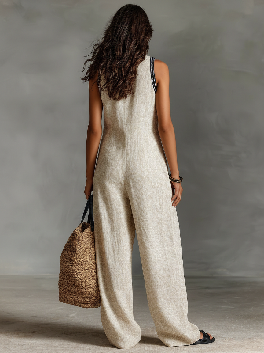 Minimalistischer Leinen-Overall für Damen mit Reißverschluss und Stehkragen
