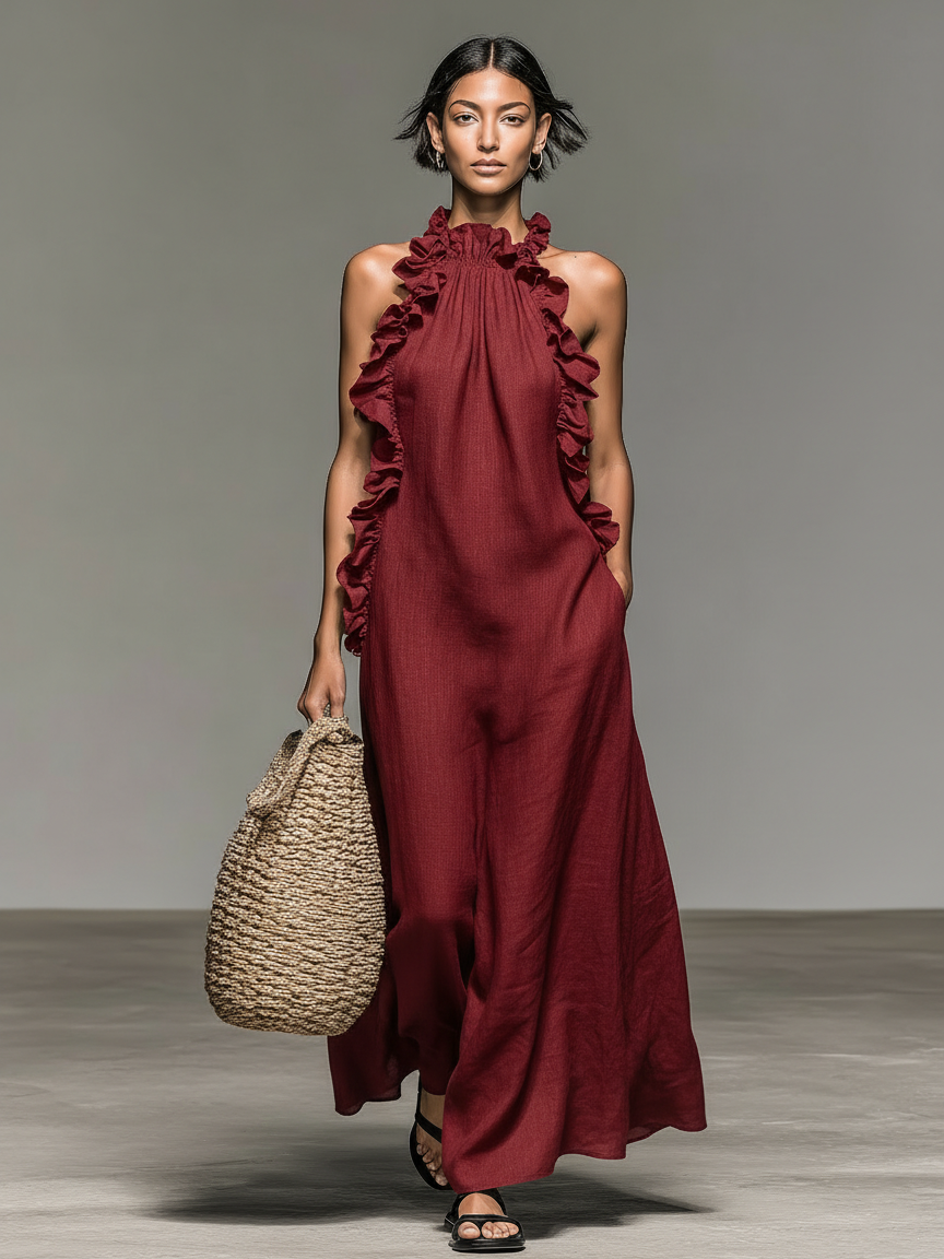 Vestido Maxi sem Mangas em Mistura de Linho com Detalhes de Folhos