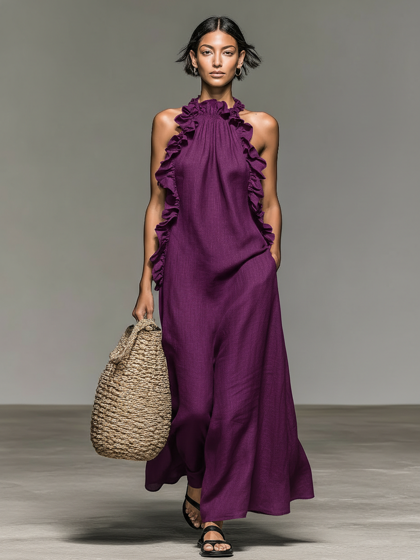 Vestido Maxi sem Mangas em Mistura de Linho com Detalhes de Folhos