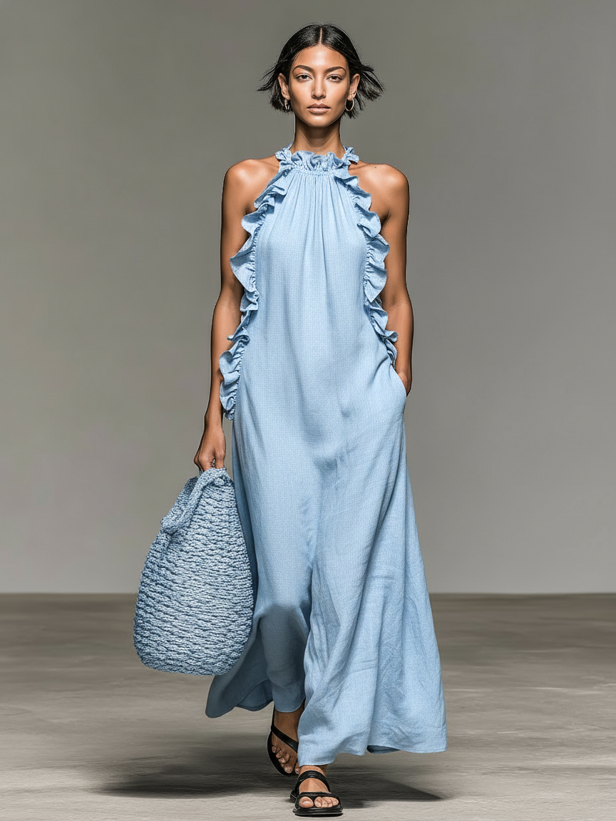 Ärmelloses Maxikleid aus einer Leinenmischung mit Rüschendetails