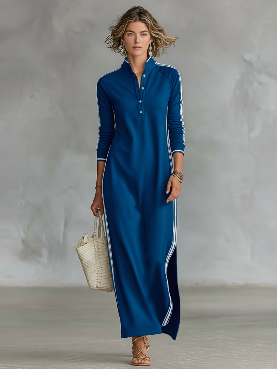 Mariana - Vestido maxi em malha com gola de botões