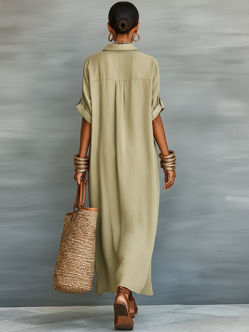Minimalistisches Hemd-Maxi-Kleid aus Leinenmischung für Frauen