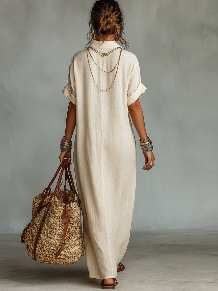 Minimalistisches Maxikleid aus Leinengemisch mit Stickerei