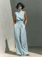 Set aus ärmelloser Bluse und Hose mit weitem Bein aus einer Baumwoll- und Leinenmischung