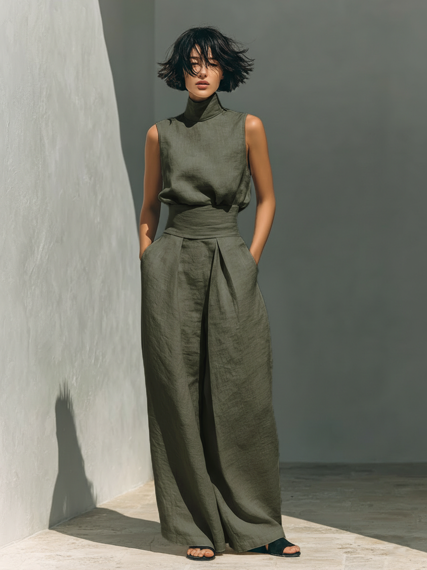 Set aus ärmelloser Bluse und Hose mit weitem Bein aus einer Baumwoll- und Leinenmischung