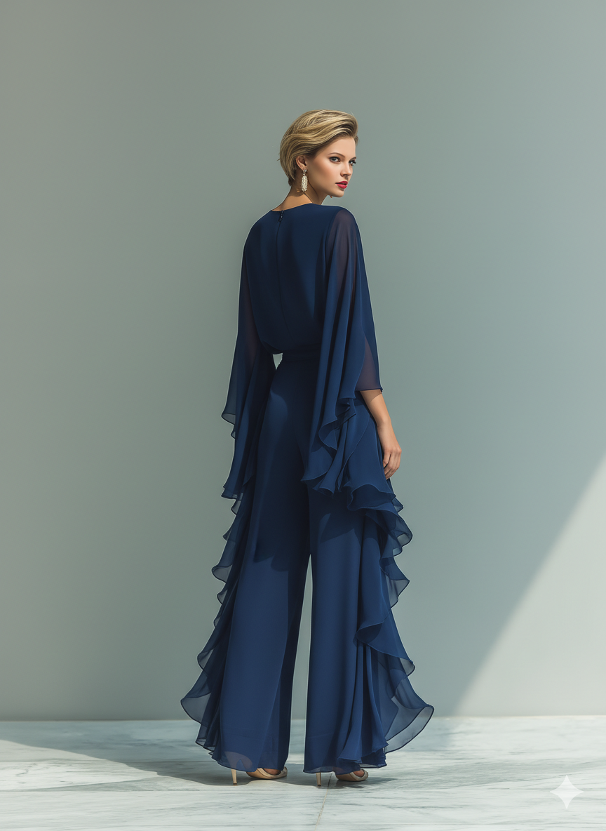 Érica - Conjunto de chiffon azul-marinho com folhos