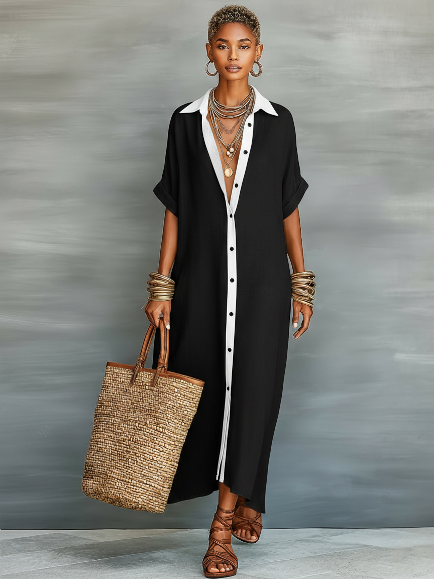 Minimalistisches Hemd-Maxi-Kleid aus Leinenmischung für Frauen