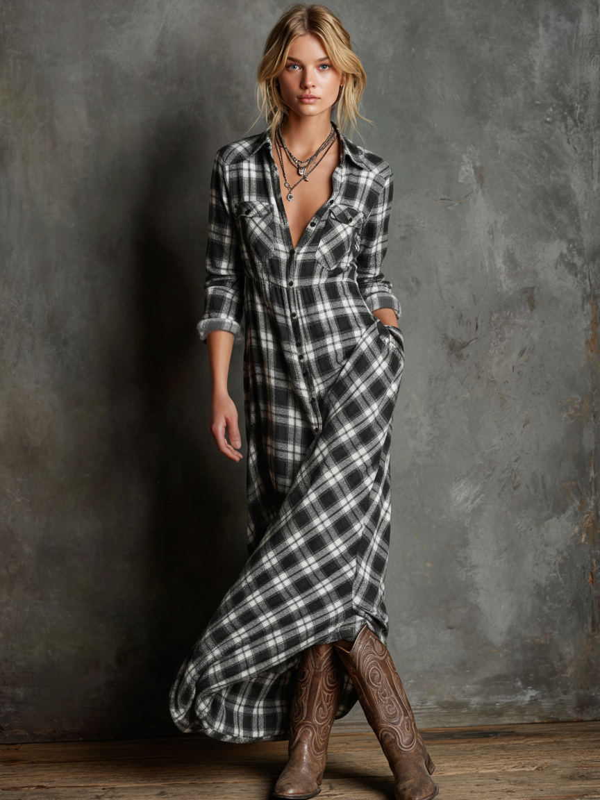 Damen Kariertes Revers Einreihiges Hemd Maxikleid
