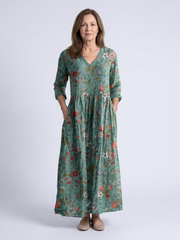 Marina | Floral V-Ausschnitt Dreiviertel-Ärmel Maxikleid