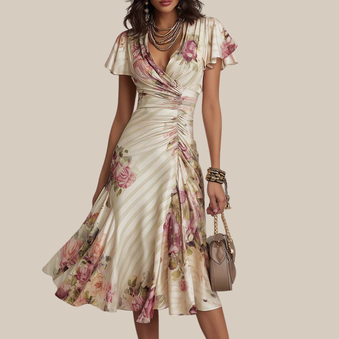 ALBA™ | Elegantes Retro Satin Midikleid mit Blumendruck