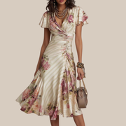 ALBA™ | Elegantes Retro Satin Midikleid mit Blumendruck