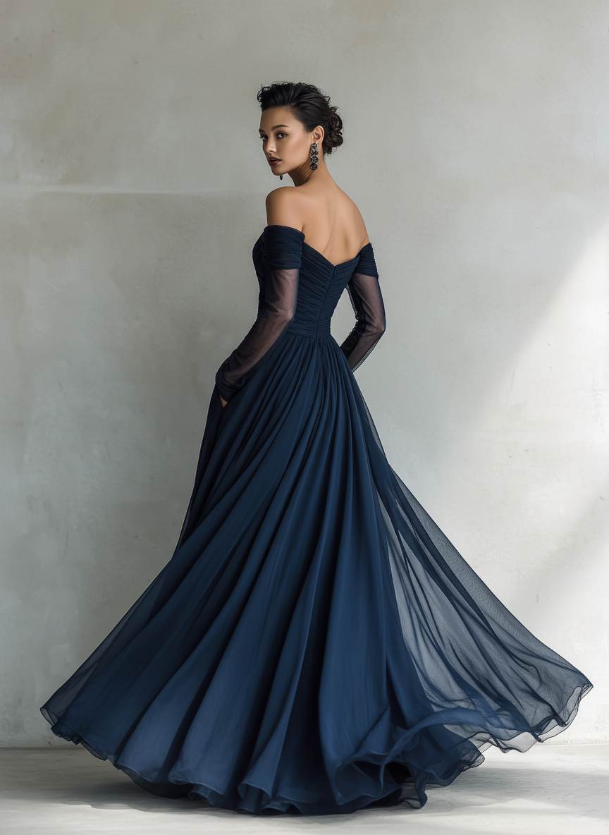 Elegantes, dunkelblaues Chiffon-Organza-Maxikleid für Damen, schulterfrei und figurbetont.
