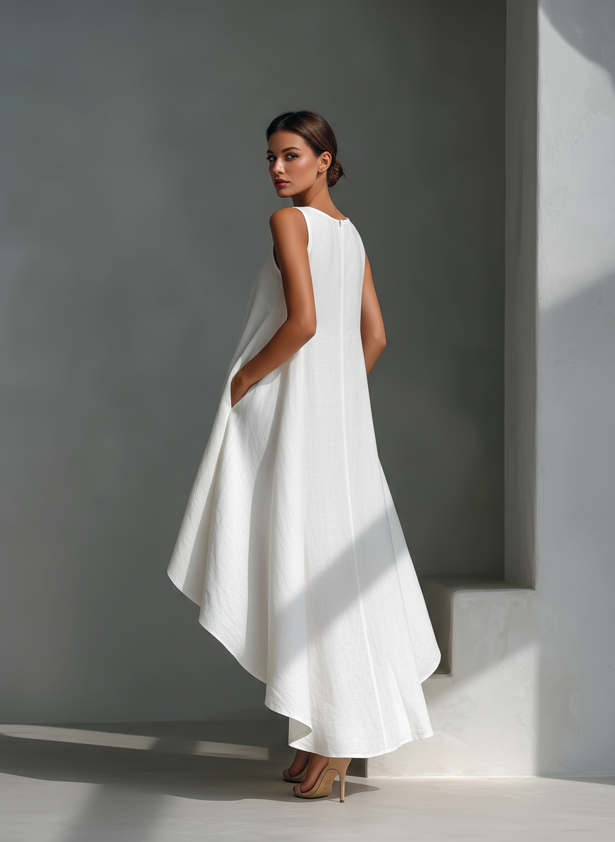 Weißes Midikleid aus Leinen mit Rundhalsausschnitt für Frauen