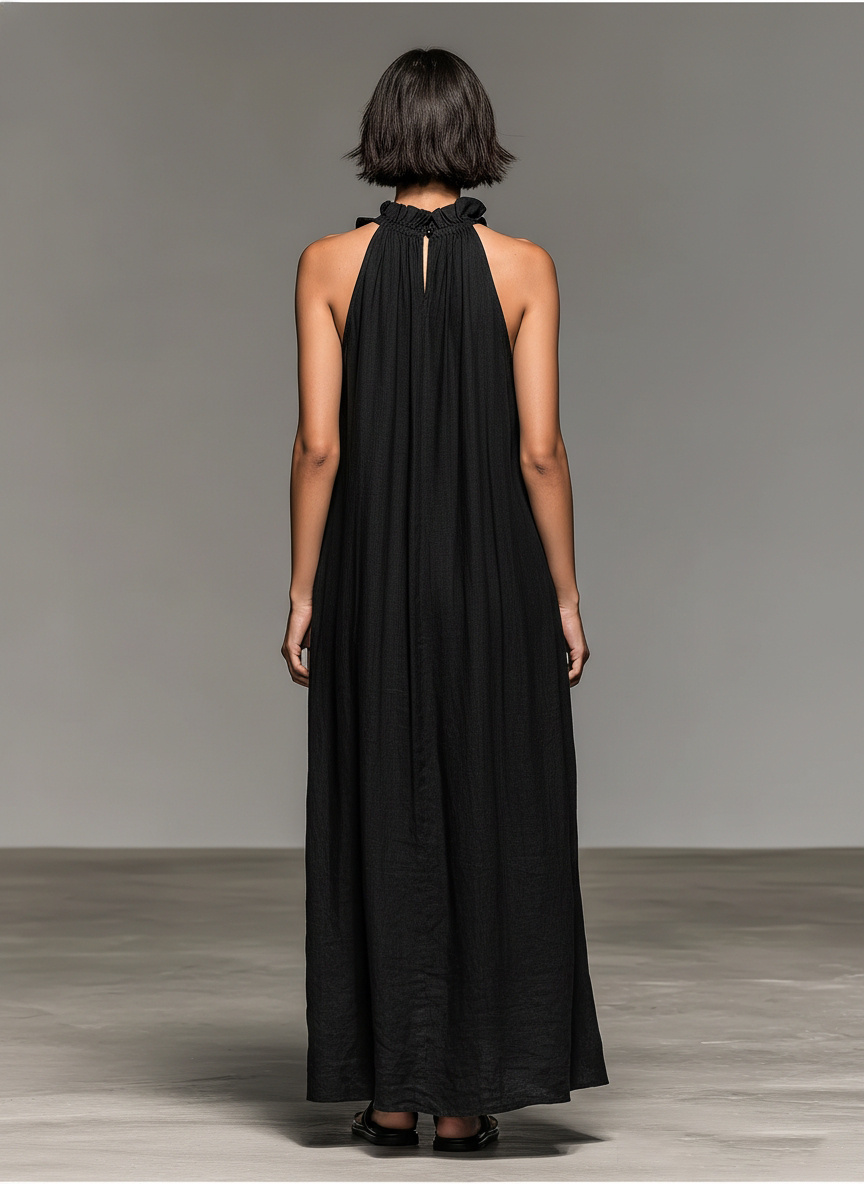 Vestido Maxi sem Mangas em Mistura de Linho com Detalhes de Folhos
