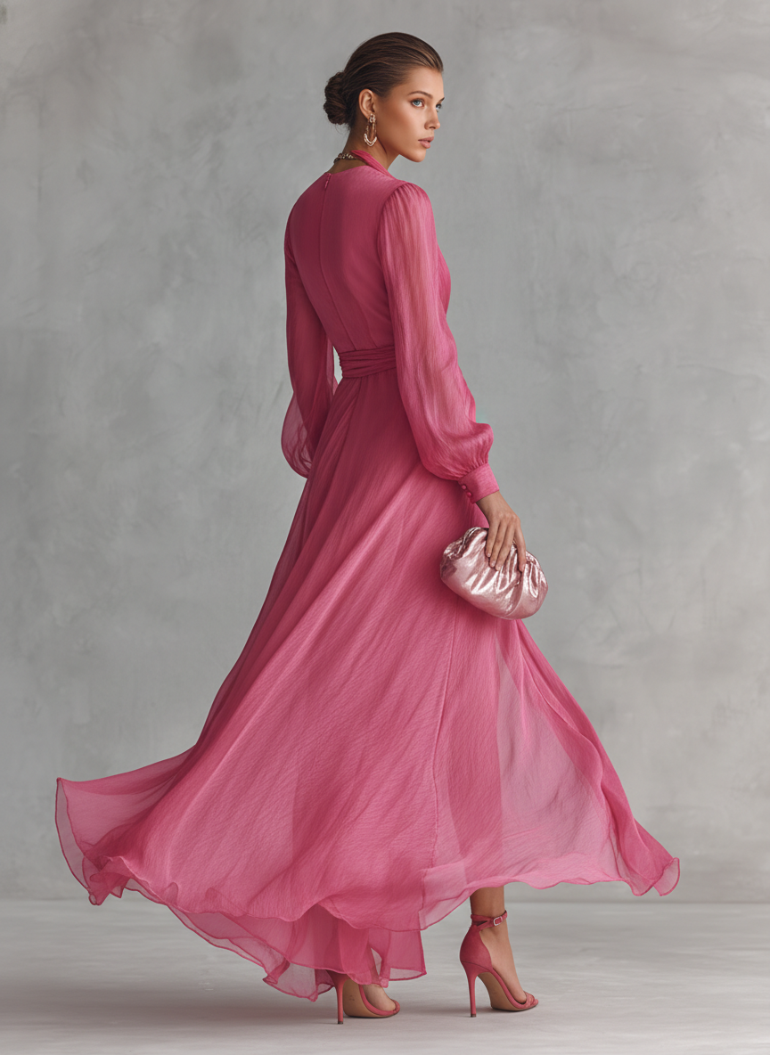 Elegantes rosafarbenes Perlen-Chiffon-Kleid mit V-Ausschnitt und langer Taille