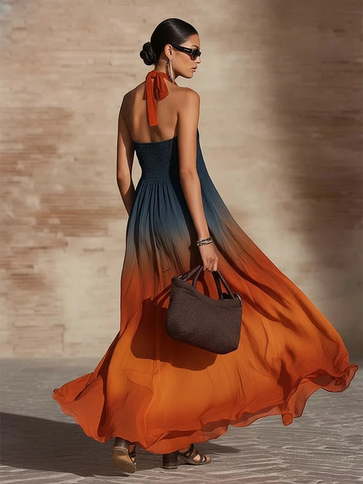 Paula | Vestido maxi com efeito ombre, decote à volta do pescoço e decote em V