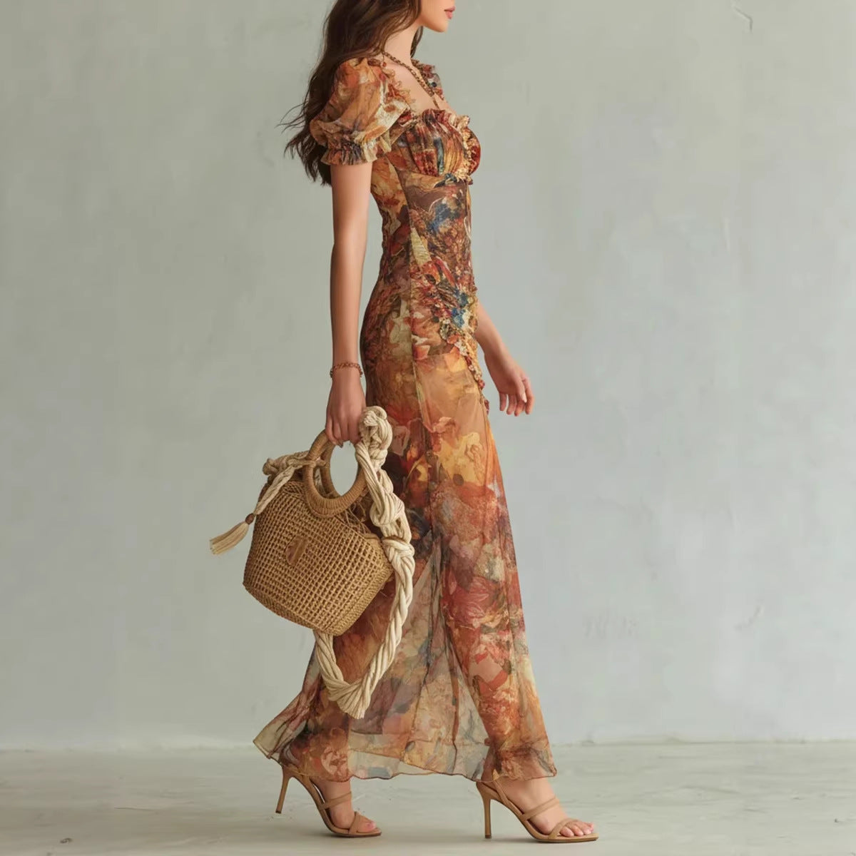 Oranges Chiffon-Maxikleid mit Öldruck im Boho-Stil