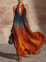 Paula | Vestido maxi com efeito ombre, decote à volta do pescoço e decote em V