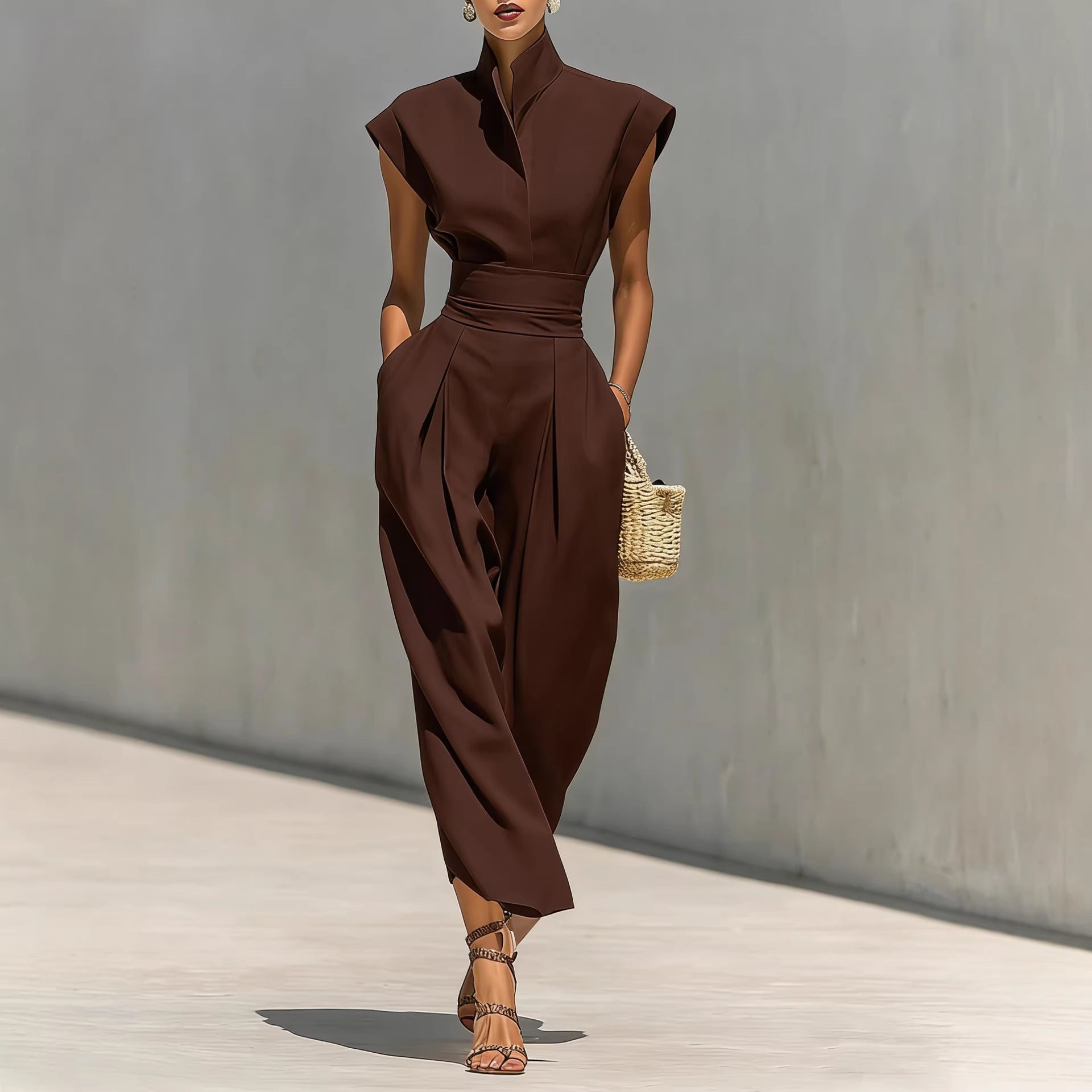 Damen Reine Baumwolle Revers Ärmel Taille Maxi Kleid