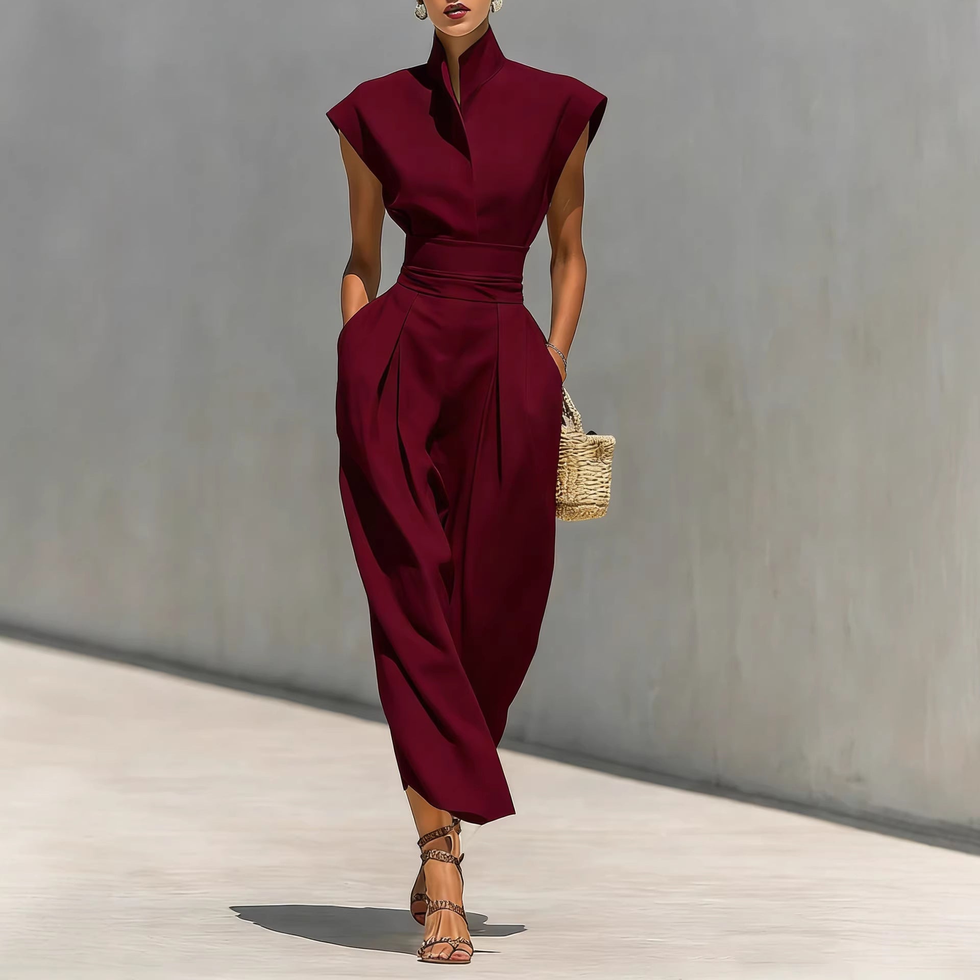 Damen Reine Baumwolle Revers Ärmel Taille Maxi Kleid