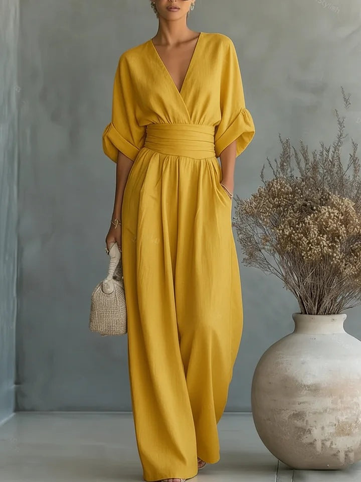 Damen-Boho-Jumpsuit mit weitem Bein, hoher Taille und V-Ausschnitt