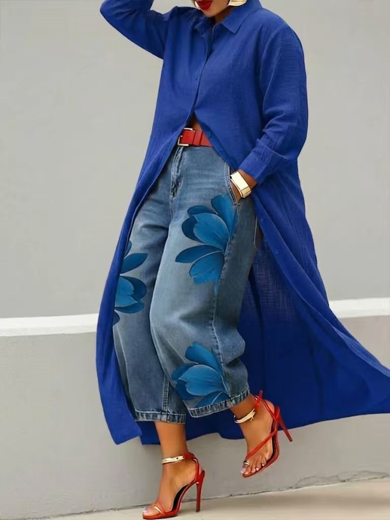 Chiara - Blumiges Hemdblusenkleid aus Denim im Set