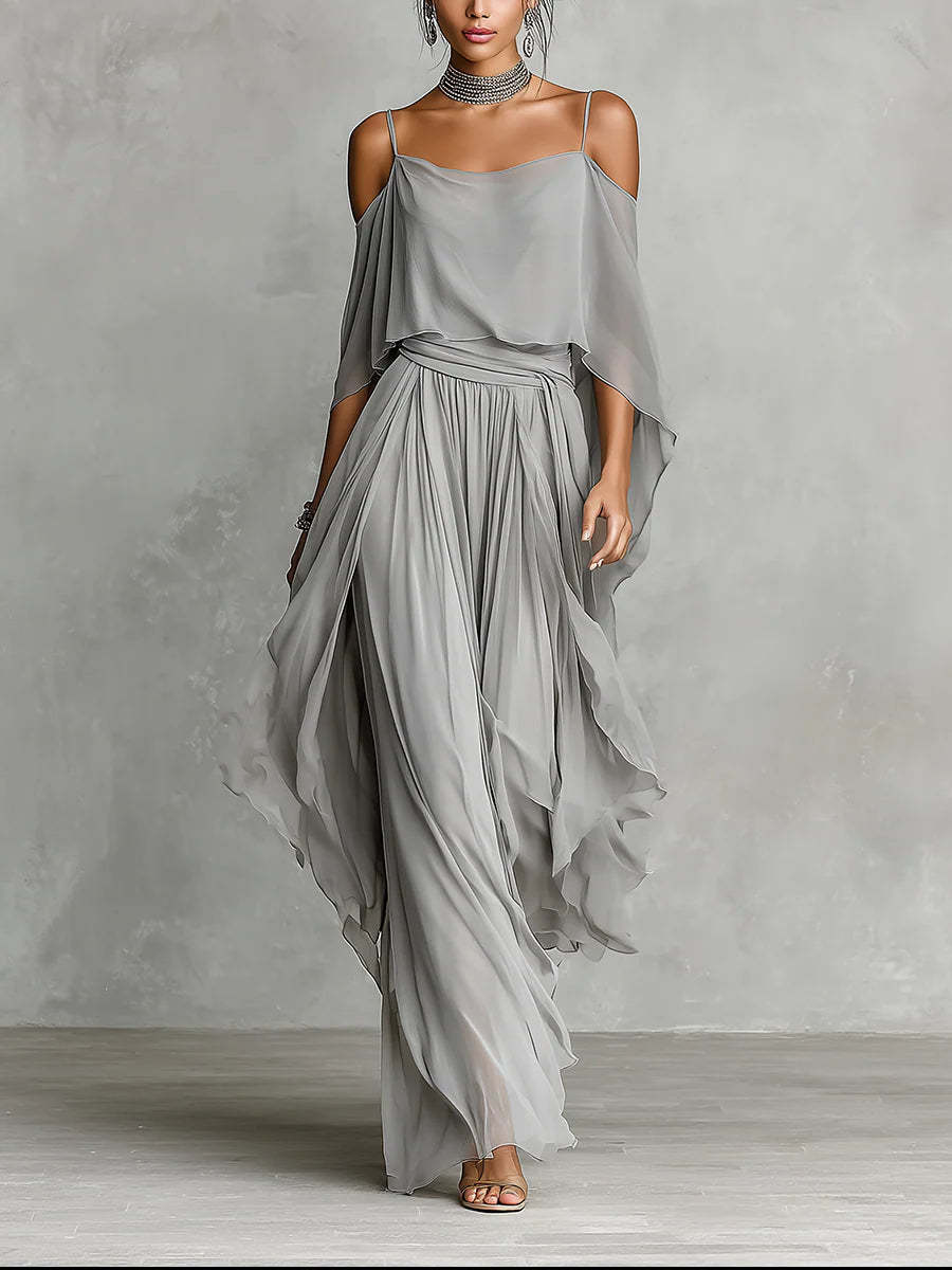 Set bestehend aus einem fließenden grauen schulterfreien Top und Chiffonhose