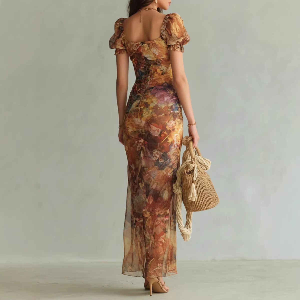 Oranges Chiffon-Maxikleid mit Öldruck im Boho-Stil