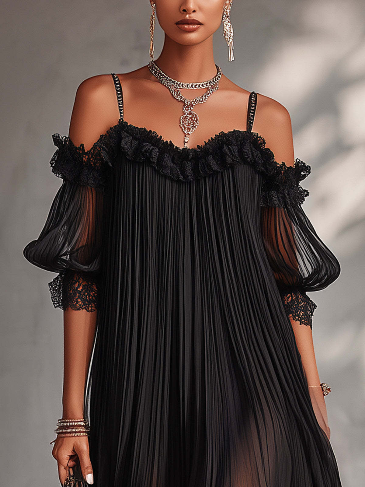 Vittoria | Mini-vestido de chiffon preto com decote sem ombros e detalhes em renda
