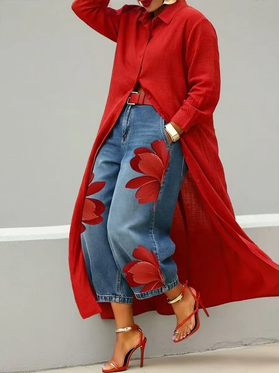 Chiara - Blumiges Hemdblusenkleid aus Denim im Set