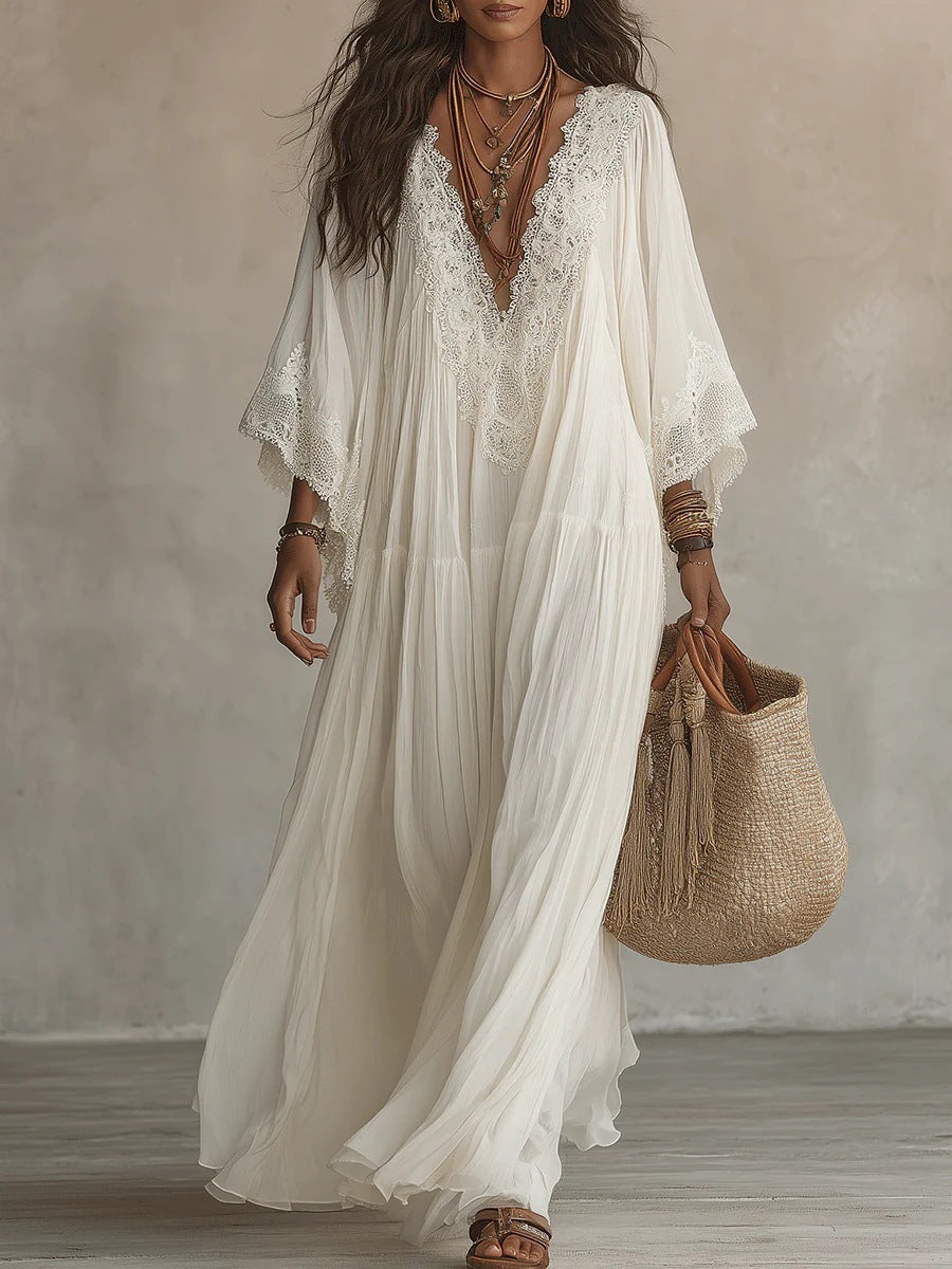 Ambra | Vestido maxi preto com decote em V e mangas de morcego