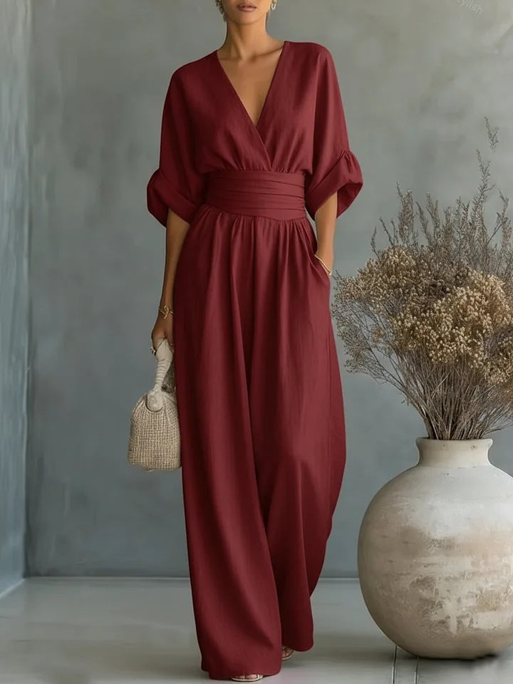 Damen-Boho-Jumpsuit mit weitem Bein, hoher Taille und V-Ausschnitt