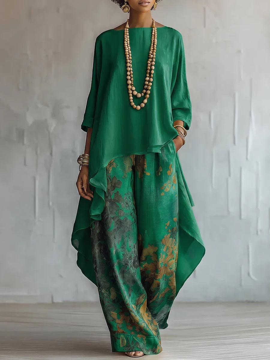 Asymmetrisches Oberteil und Hose mit weitem Bein im Blumenmuster – Set