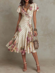 Elegantes, retro-inspiriertes Satin-Midikleid mit Blumenmuster