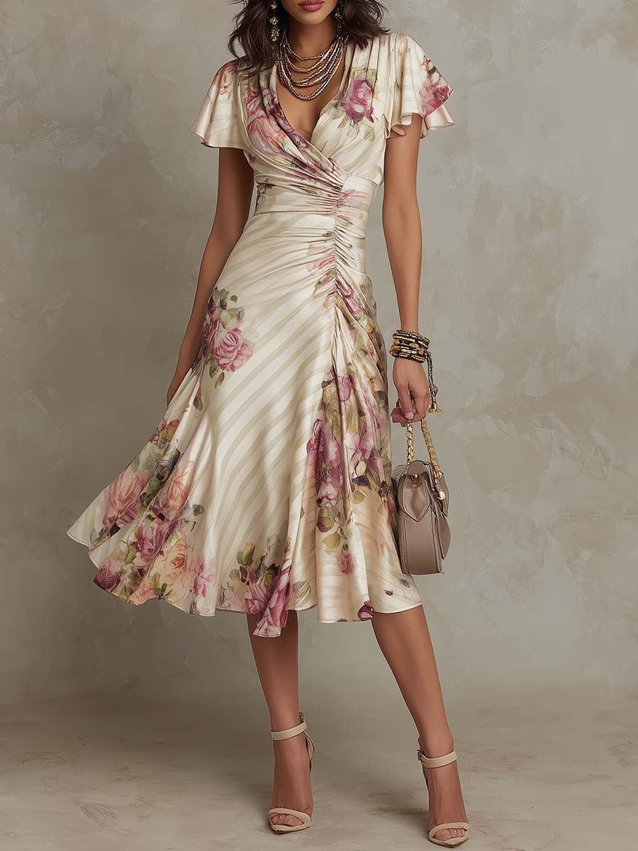 Elegantes, retro-inspiriertes Satin-Midikleid mit Blumenmuster