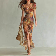 Oranges Chiffon-Maxikleid mit Öldruck im Boho-Stil