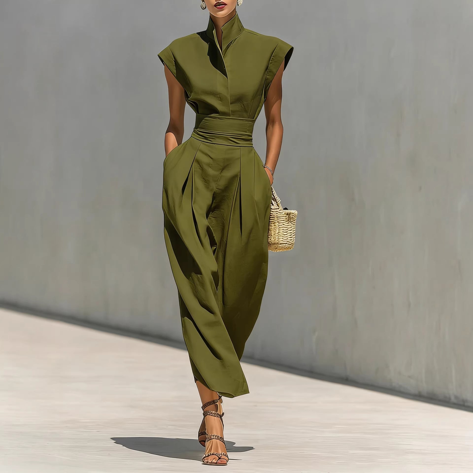 Damen Reine Baumwolle Revers Ärmel Taille Maxi Kleid