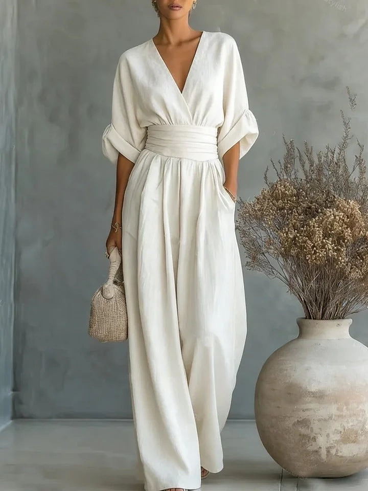 Damen-Boho-Jumpsuit mit weitem Bein, hoher Taille und V-Ausschnitt