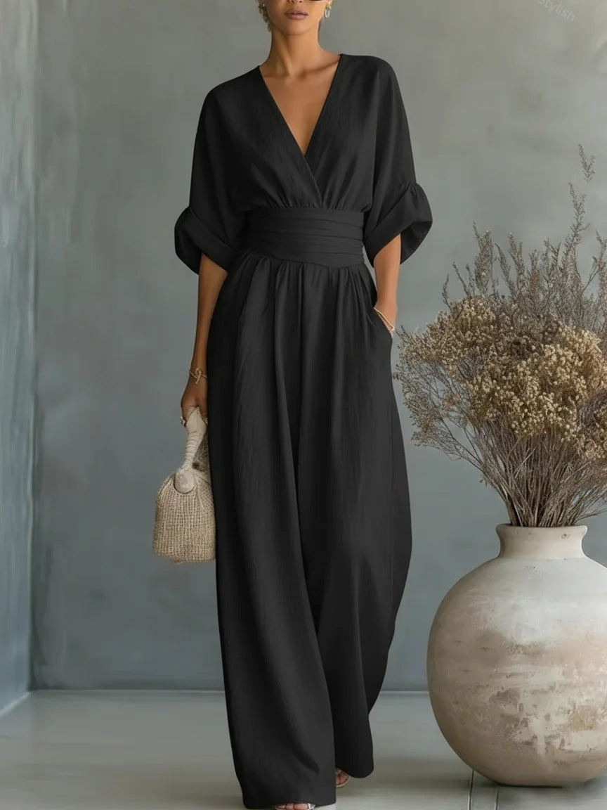 Damen-Boho-Jumpsuit mit weitem Bein, hoher Taille und V-Ausschnitt