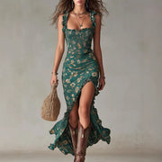Retro-Boho-Maxikleid mit gerüschten Ärmeln und Schlitz