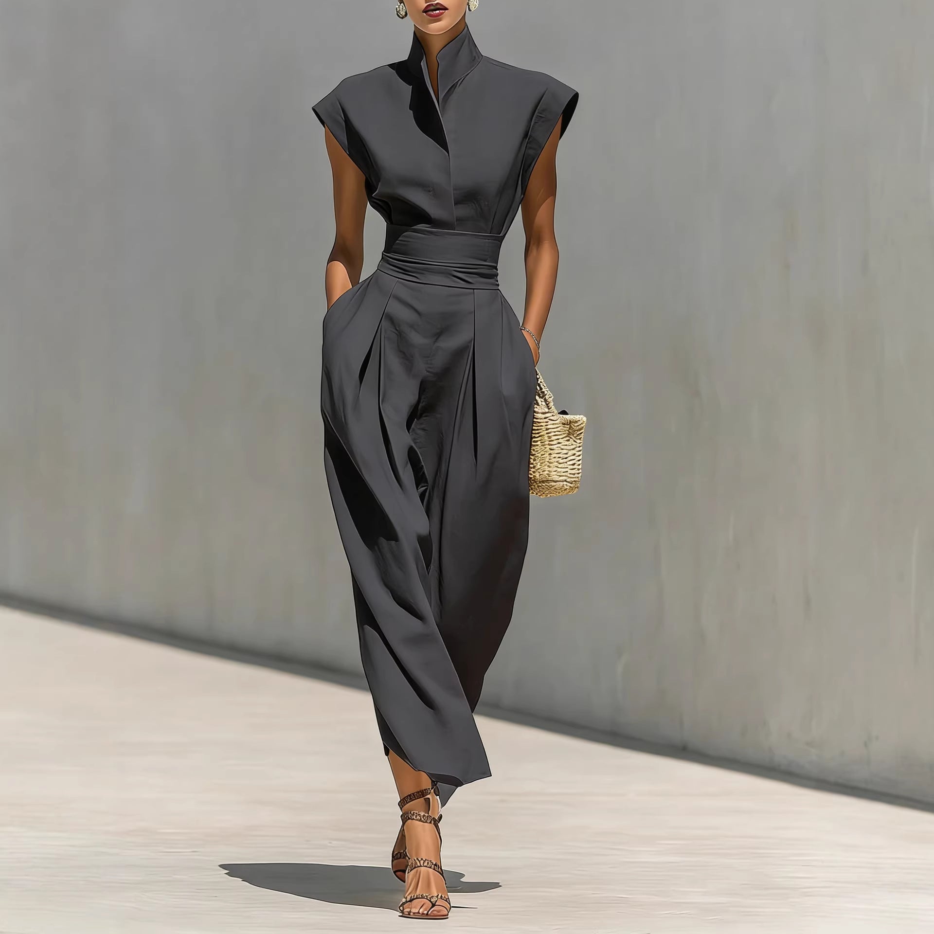 Damen Reine Baumwolle Revers Ärmel Taille Maxi Kleid
