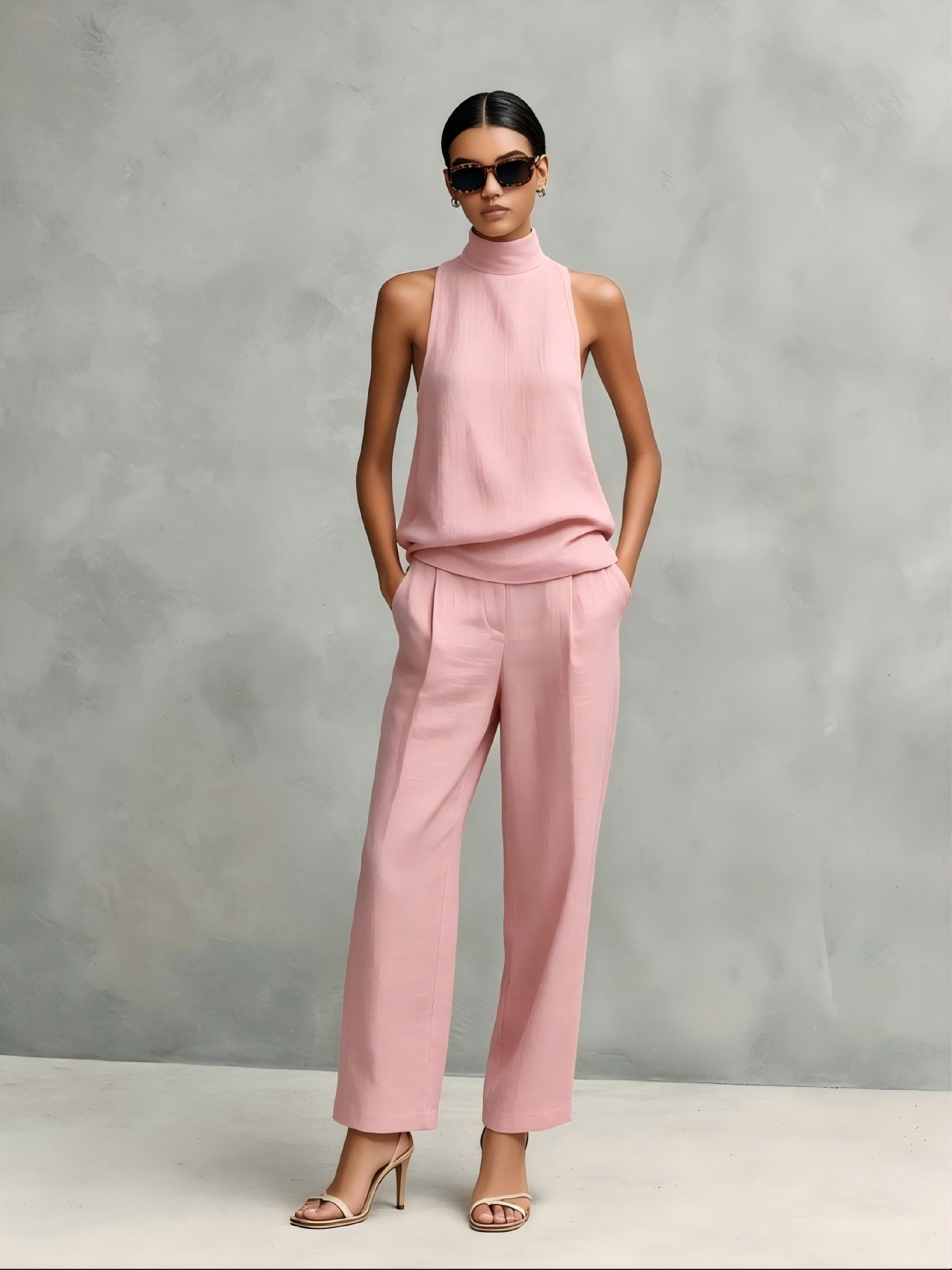 Conjunto elegante sem mangas para senhora, com decote redondo e calças