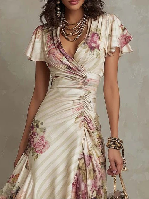 Elegantes, retro-inspiriertes Satin-Midikleid mit Blumenmuster
