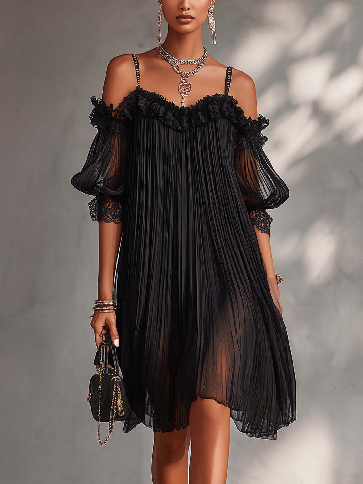 Vittoria | Mini-vestido de chiffon preto com decote sem ombros e detalhes em renda